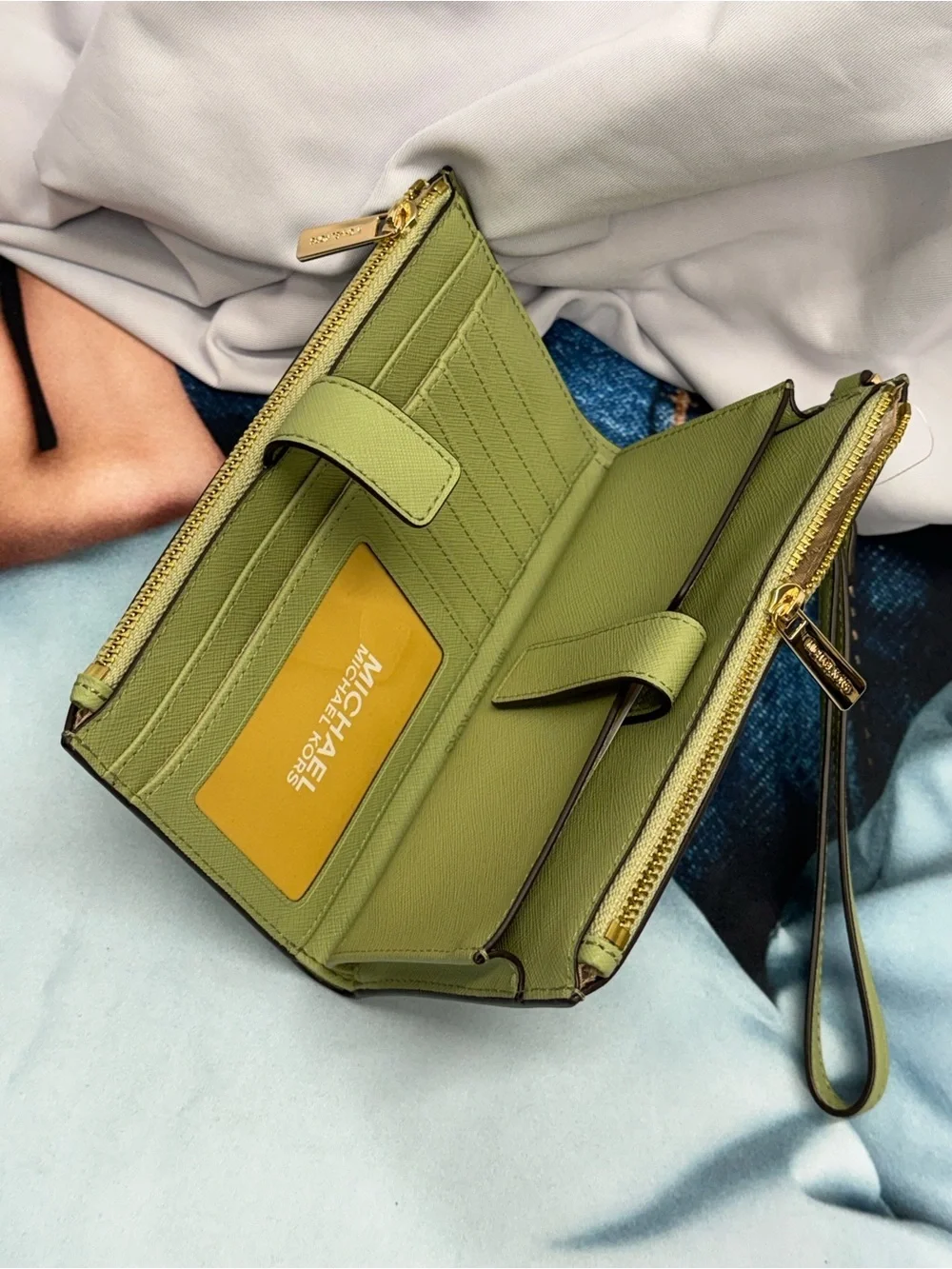 (new+tag) Michael Kors Sage Green Saffiano Leather Wristlet with Gold Hardware